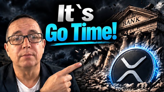 A YouTube-style thumbnail features a man with glasses pointing toward an exploding "BANK" building and the XRP/X token logo, with large text reading "It's Go Time!".