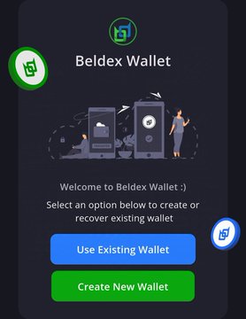A mobile interface screenshot for 'Beldex Wallet' showing options to 'Use Existing Wallet' or 'Create New Wallet.'