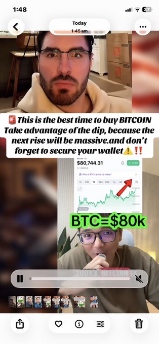 A mobile video screenshot featuring a man with the text overlay '🚨 This is the best time to buy BITCOIN Take advantage of the dip, because the next rise will be massive.and don't forget to secure your wallet! 🙏🙏🙏'. A chart shows BTC=$80k at $80,744.31.