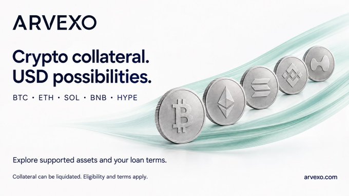 An advertisement banner for 'ARVEXO' with the tagline 'Crypto collateral. USD possibilities.' listing BTC, ETH, SOL, BNB, and HYPE, alongside silver coins bearing the Bitcoin, Solana, BNB, and XRP logos, and the URL arvexo.com.