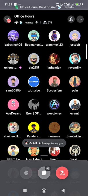 The image shows a Discord voice channel called "Office Hours: Build on Arc" with 93 participants. Visible usernames include babasingh05, Bodmanuel, crammer123, justdoit, unique_, din2115, lathamjon, ravondirx, and others, illustrating the active community gathering mentioned in the post about yesterday's Arc Network Office Hours session.