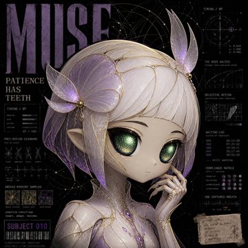 Anime-style artwork of a pale elf girl with green eyes and butterfly-like wings, labeled 'MUSE - PATIENCE HAS TEETH - SUBJECT 010' with technical diagrams and text on the sides.