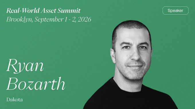 A speaker announcement graphic for the 'Real-World Asset Summit' in Brooklyn, September 1-2, 2026, featuring Ryan Bozarth from Dakota against a green background.