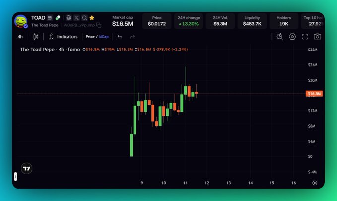 Trading chart for TOAD (The Toad Pepe) token showing a price of $0.0172 with 13.30% 24H increase and $5.3M 24H volume.