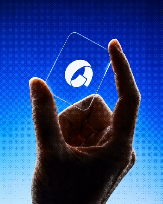A stylized digital illustration of a silhouetted hand making an OK gesture holding a transparent glass square with a white logo against a blue halftone gradient background.