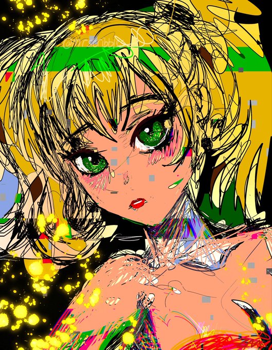 A stylized anime-style illustration of a blonde girl with bright green eyes, rendered in a rough, sketchy art style with vibrant splashes of yellow, green, and pink colors.