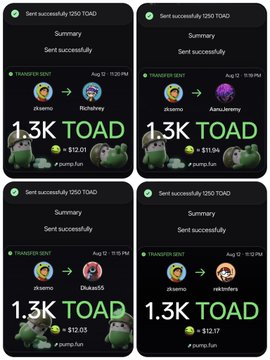 Four transaction confirmation screenshots showing successful sends of 1.3K TOAD (totaling $12.01-$12.17) to users named Pisthimy, AssuJayyy, Duke55, and ne mates, alongside another identical screen for paying pump.fun, which together document the recipient list for the second round of $TOAD giveaways.