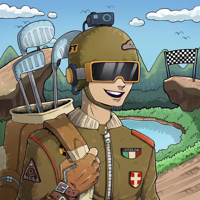 The illustration shows a cartoon character in a green helmet with goggles and an "ITALIA" patch on their jacket, carrying a golf bag with clubs over their shoulder, set against a backdrop of mountains and a race flag—fitting the post's humorous mashup of golf gear with racing/meme culture.