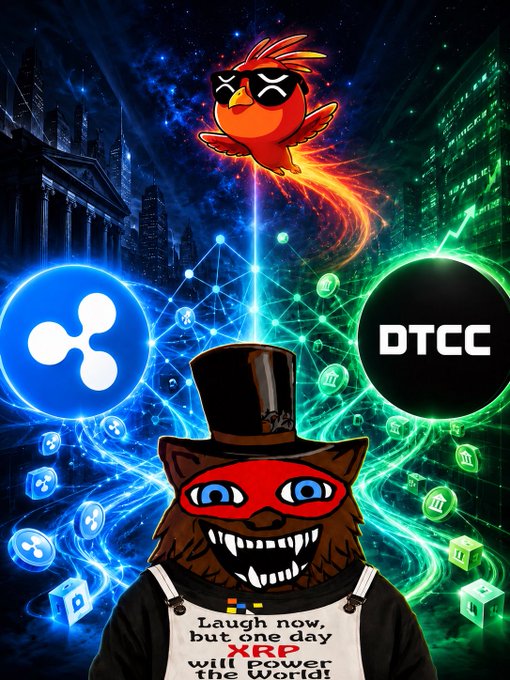 A vibrant crypto-themed illustration features the Angry Birds "Red" bird atop a beam of light, a grinning cat mascot in a top hat and mask wearing an apron reading "Laugh now, but one day XRP will power the world!", flanked by the Ripple (XRP) logo on the left and the "DTCC" logo on the right, set against a futuristic cityscape with digital networks. The image visually reinforces the post's message about DTCC's statement on tokenization and Ripple's positioning to lead the transformation of traditional assets.