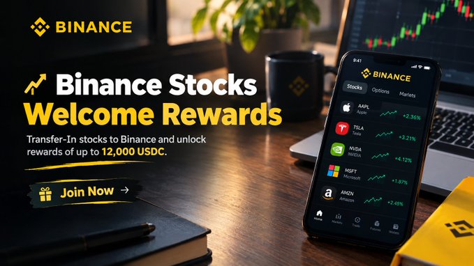 A Binance promotional banner for 'Binance Stocks Welcome Rewards' offering up to 12,000 USDC for transferring stocks, featuring the app interface showing stocks like AAPL, TSLA, NVDA, MSFT, and AMZN.
