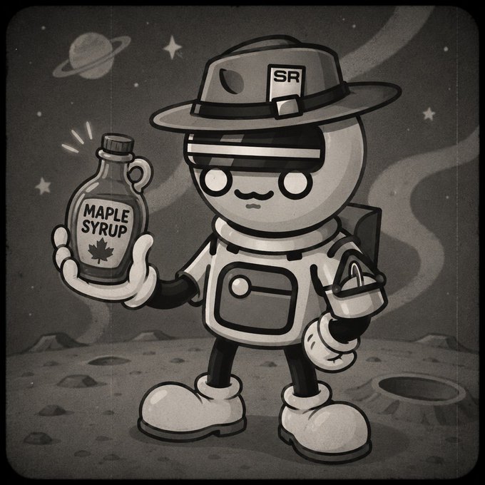 A vintage-style black and white illustration shows a cute astronaut wearing a ranger hat with an "SR" badge, holding up a bottle labeled "MAPLE SYRUP" while standing on a lunar surface with Saturn and stars in the background—pairing charmingly with the cheerful "Gm everyone have a fabulous day" morning greeting.