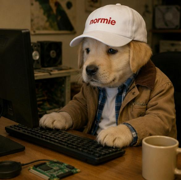 The image features a cute puppy wearing a baseball cap with the word "NORMIE" written on it, sitting at a desk next to a computer keyboard. The puppy appears to be playing or working on a computer, possibly using a mouse or engaging in some other activity related to technology.