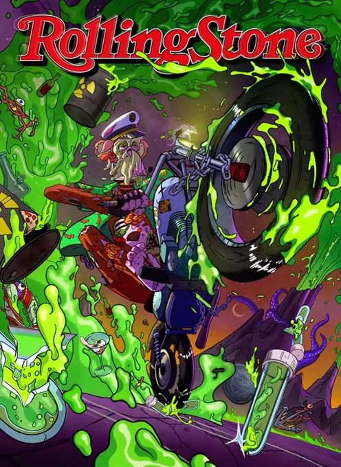 Rolling Stone magazine cover featuring cartoon-style artwork of a biker on a motorcycle surrounded by green toxic slime, with a captain's hat-wearing character.