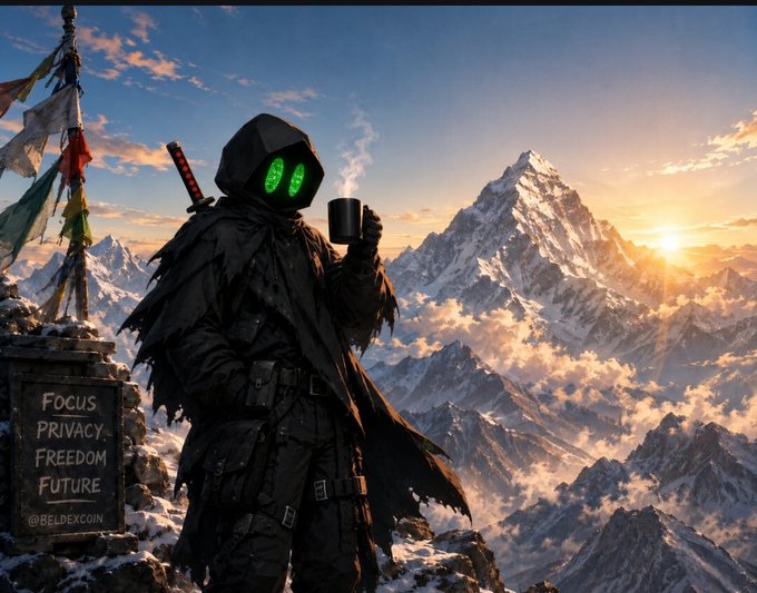 A dark hooded figure with glowing green three-leaf-shield eyes holds a mug against a mountain sunrise backdrop, with a stone marker reading 'Focus PRIVACY FREEDOM FUTURE @BELDEXCOIN'.