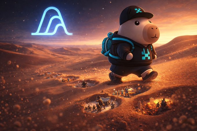 A stylized 3D illustration of a character in a black and cyan outfit and cap walking across a red desert landscape, with a glowing blue arch symbol in the background.