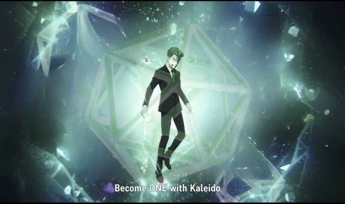 An animated scene showing a male character in a black suit with green accents floating inside a glowing green geometric shape with the text 'Become ONE with Kaleido' displayed at the bottom.