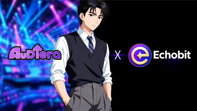 An anime-style male character in a vest and tie stands between two logos, 'Audiera' in purple and 'Echobit' in gold, with an 'X' between them.