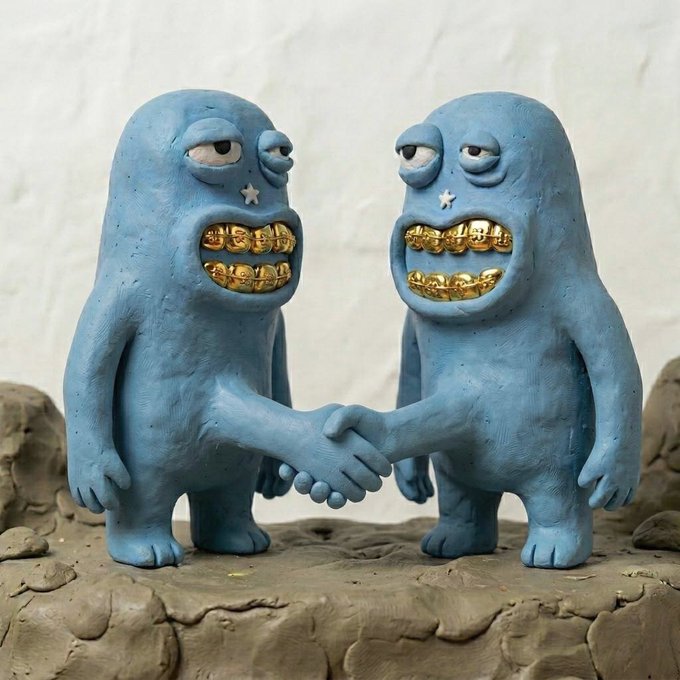 A clay art sculpture featuring two blue cartoonish humanoid figures with grumpy expressions, gold teeth, and star marks on their faces, clasping hands in a handshake on a rocky base.