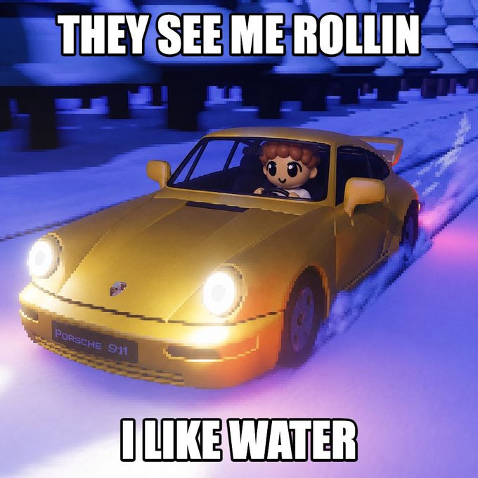 The image is a meme featuring a pixelated character driving a yellow Porsche 911 on a snowy road at night, with the text "THEY SEE ME ROLLIN" at the top and "I LIKE WATER" at the bottom. The meme humorously relates to the post's message about "slow cooking" investments, using the cute art style and cheerful meme format to represent "quality organic art" that builds value steadily, as opposed to the flashy but crash-prone "Al slop ponzis" the author criticizes.