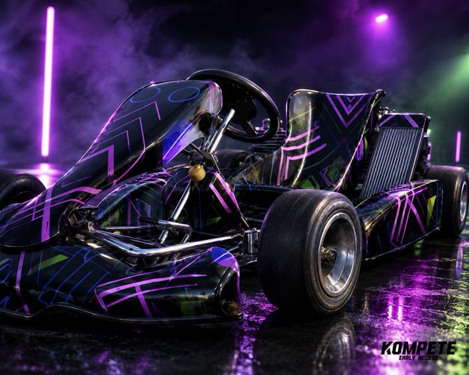 A purple and black neon-striped go-kart with 'KOMPETE Early Race' branding photographed in a dark, atmospheric setting with purple lighting.