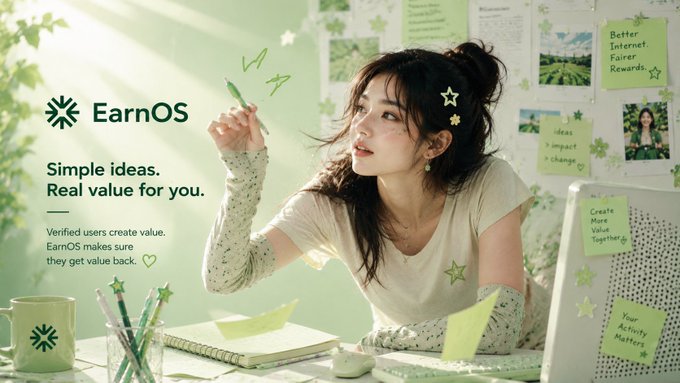 An advertisement for EarnOS features a young woman in a bright, creative workspace, with the text "EarnOS: Simple ideas. Real value for you" highlighting the brand's mission to reward user activity.