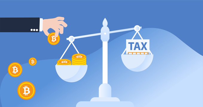 A flat-style illustration showing a hand in a suit dropping Bitcoin coins onto one side of a balance scale, while the other side holds a 'TAX' document, representing crypto taxation.