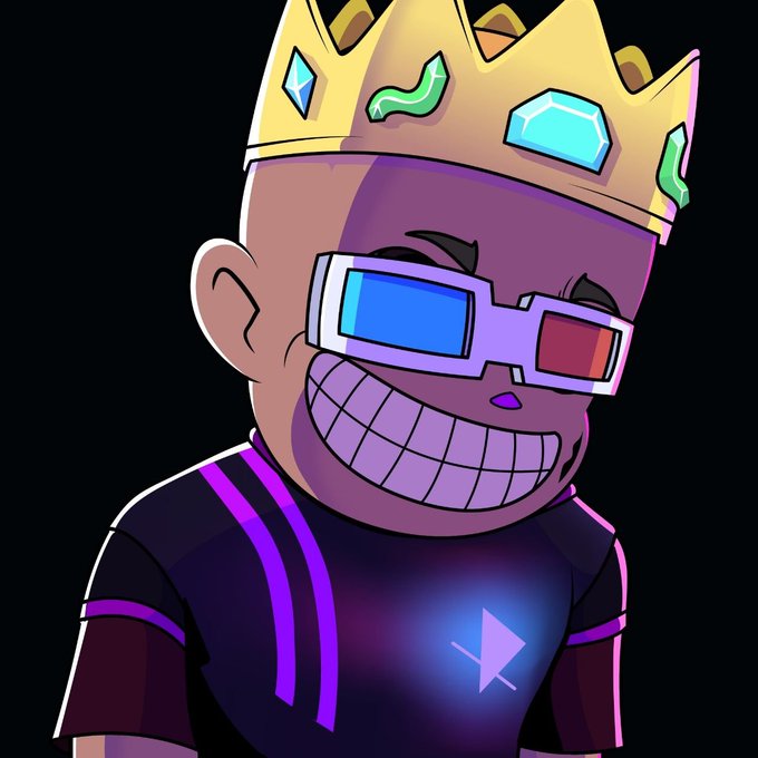 A cartoon-style illustration of a character wearing a jeweled golden crown, 3D glasses with red and blue lenses, and a black shirt with a glowing purple lightning bolt design.