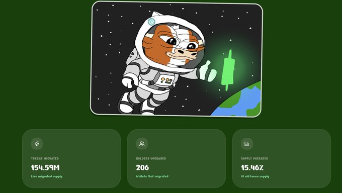 The image presents a vibrant graphic design featuring an adorable cartoon animal dressed as an astronaut, holding up a green barcode. Above the space creature are two green boxes containing information about other migrating projects and their data tracking. The post is centered around the importance of migration in tracking live data and hosting it on websites like MigrateFun.