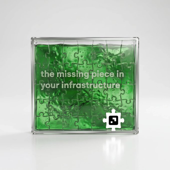 A translucent green puzzle encased in a glass cube displays the text "the missing piece in your infrastructure," with a single puzzle piece at the bottom right bearing a dark square symbol—visually reinforcing the post's message about a critical gap in an otherwise complete tech stack.