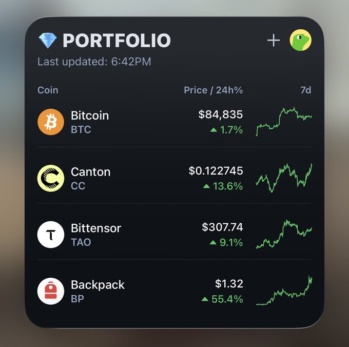 A cryptocurrency portfolio screenshot showing Bitcoin ($84,835, +1.7%), Canton ($0.122745, +13.6%), Bittensor ($307.74, +9.1%), and Backpack ($1.32, +55.4%).