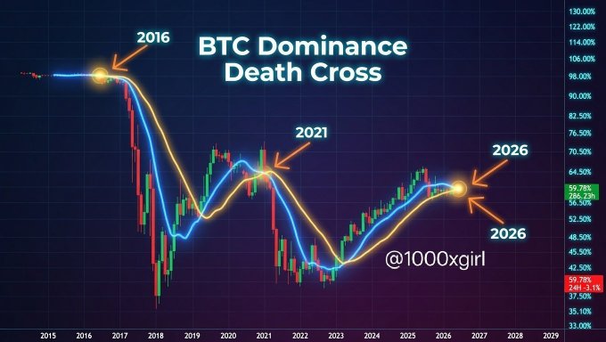 A cryptocurrency trading chart titled "BTC Dominance Death Cross" highlights key crossover points in 2016, 2021, and 2026, showing BTC dominance dropping to 59.78% with a -3.1% decline, supporting the post's bullish call on altcoins and an imminent altseason.