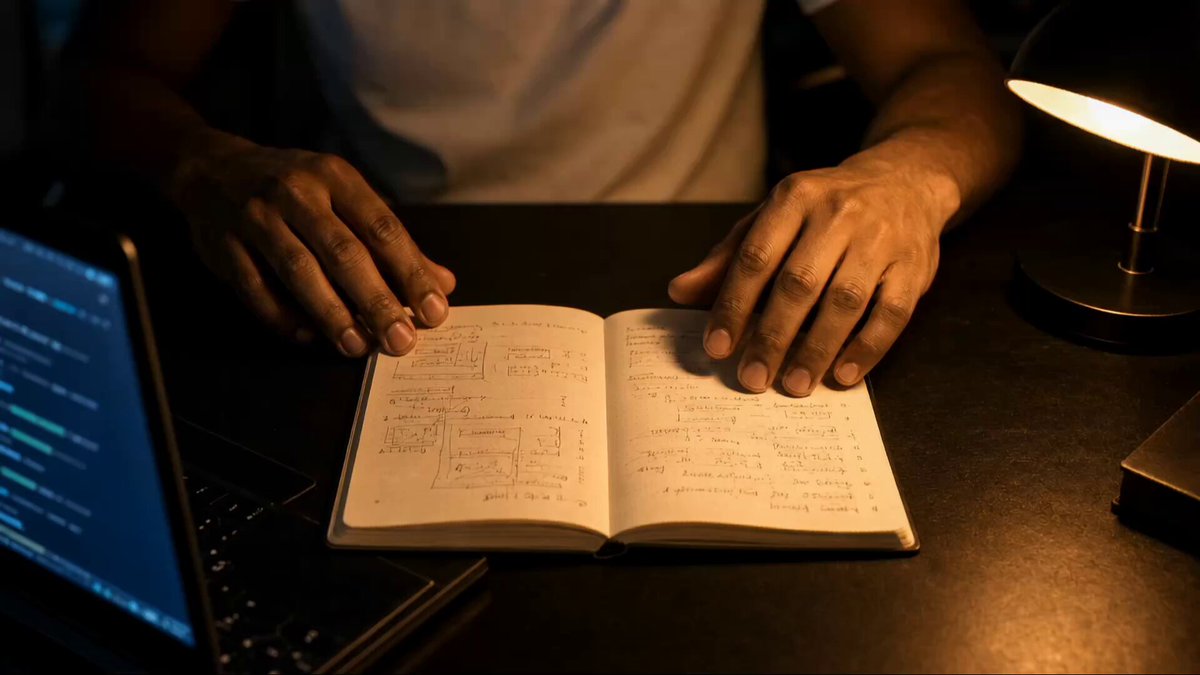 The image shows a person sitting at a desk with an open notebook and laptop computer. The person's hands are holding the notebook while they read or work on their tasks. The scene suggests that the individual might be working on a project, studying, or researching something related to the content in the notebook. The presence of multiple sentences in the image implies that there is some information being shared or discussed, possibly about building a token-gated community platform using Base.