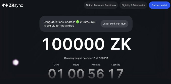 A ZKsync airdrop eligibility page showing that wallet address 0x82a...4e6 is eligible to claim 100,000 ZK tokens, with a countdown timer indicating claiming begins on June 17 at 2:00 PM, currently showing 1 day, 0 hours, 56 minutes, and 17 seconds remaining.
