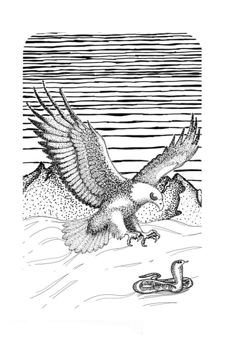 Black and white pen-and-ink illustration of an owl swooping down with talons extended, hunting a snake coiled on the ground below, rendered with detailed stippling and crosshatching.
