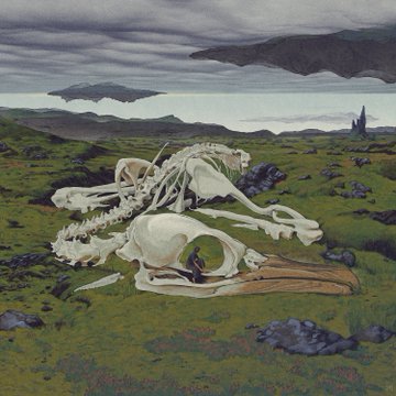 A surreal painting of an animal skull resting on a green landscape beneath a cloudy sky.
