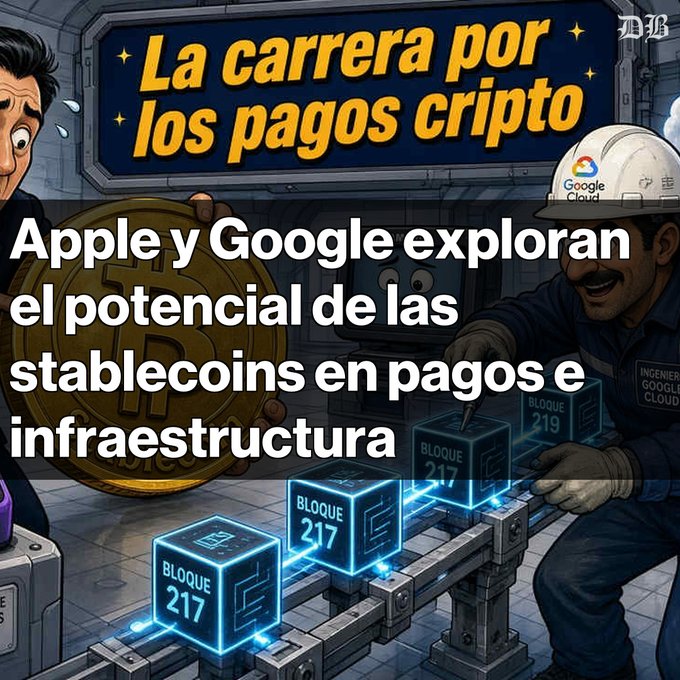 A Spanish-language news graphic titled 'La carrera por los pagos cripto' showing Apple and Google exploring stablecoins for payments and infrastructure, with cartoon imagery of a Bitcoin, Google Cloud engineer, and blockchain cubes labeled 'BLOQUE 217'.