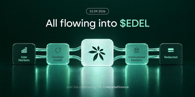 A promotional graphic with the date '22.09.2026' reading 'All flowing into $EDEL', featuring connected boxes labeled 'Edel Markets', 'Onchain Credit', a central logo, 'Institutional Markets', and 'Redacted', with a Telegram link at the bottom.