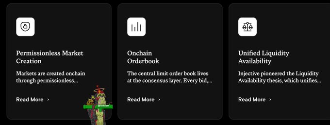 Three feature cards for a crypto platform highlighting "Permissionless Market Creation," "Onchain Orderbook," and "Unified Liquidity Availability," with descriptions mentioning Injective's liquidity thesis.
