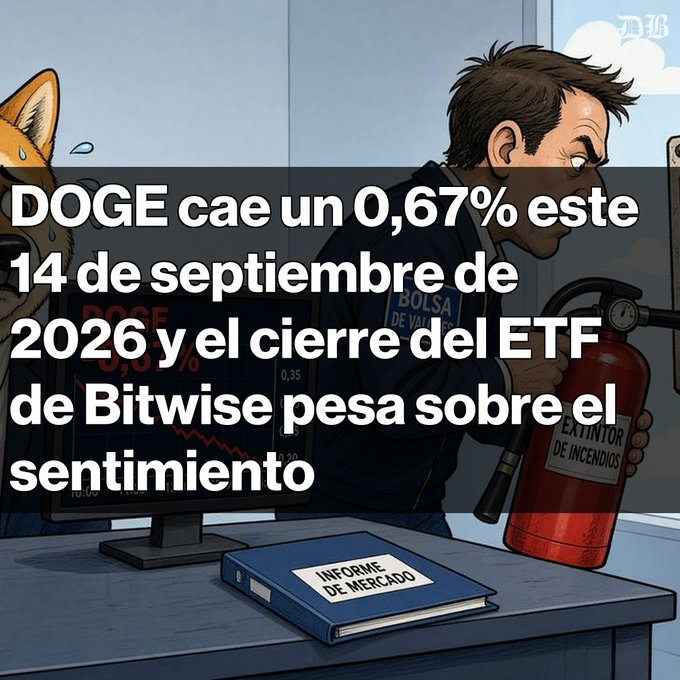 A cartoon illustration of a man holding a fire extinguisher in front of a monitor showing DOGE dropping 0.67%, with Spanish text about DOGE falling 0.67% on September 14, 2026 and the closure of the Bitwise ETF weighing on sentiment.