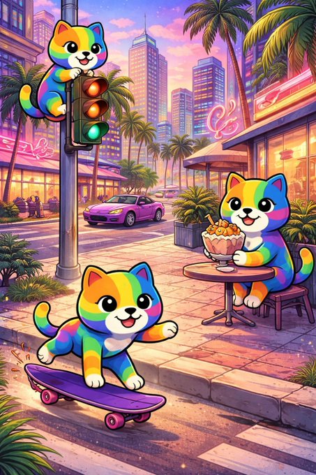 Three rainbow-striped cartoon cats appear in a vibrant city scene: one climbing a traffic light, one eating ice cream at an outdoor café, and one riding a purple skateboard.