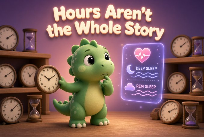 A 3D-rendered green dinosaur stands in a room filled with clocks and hourglasses, with text reading 'Hours Aren't the Whole Story' and a glowing panel displaying 'DEEP SLEEP' and 'REM SLEEP'.