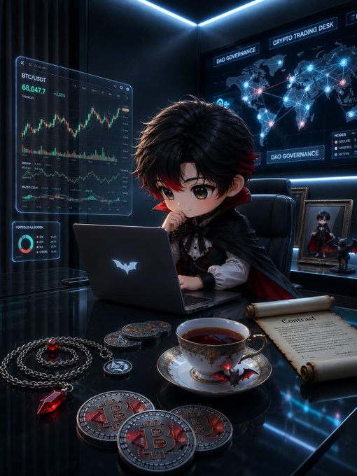 An anime-style chibi character with black and red hair in a vampire-themed outfit working on a laptop at a 'CRYPTO TRADING DESK' displaying BTC/USDT charts at 68,047.7, surrounded by Bitcoin coins, a red gem necklace, and a bat-shaped teacup.