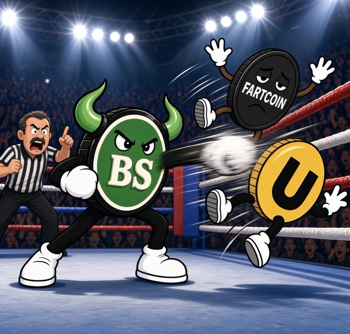A cartoon boxing match scene where a green "BS" coin character punches a black "FARTCOIN" and a gold "U" coin, with a referee shouting in the ring.