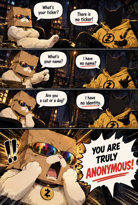 A comic strip featuring a cardboard-box-headed cat in sunglasses interviewing an anonymous cat in a yellow hoodie, concluding 'YOU ARE TRULY ANONYMOUS!'