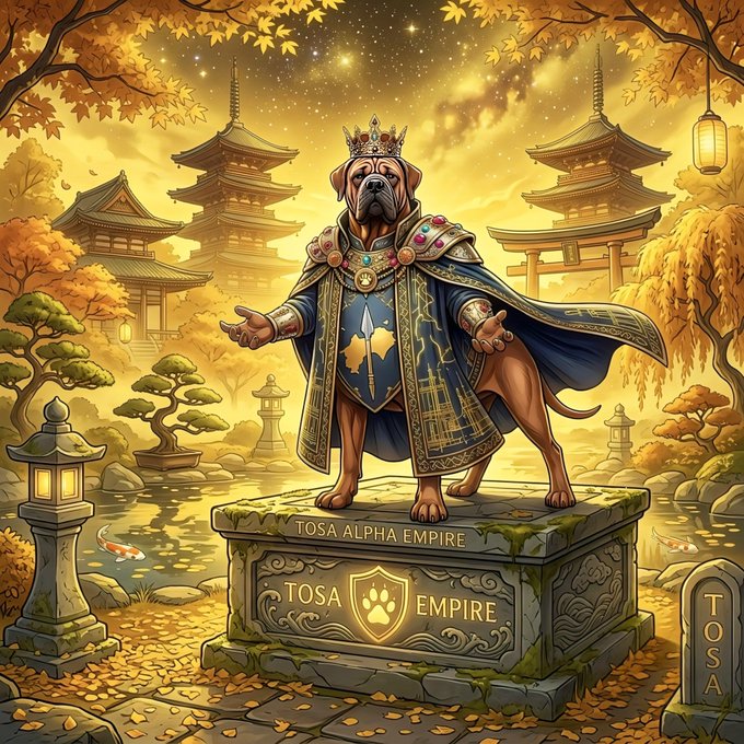 A fantasy illustration of a regal mastiff dog wearing an ornate golden crown and ceremonial robes, standing on a stone pedestal inscribed with "TOSA ALPHA EMPIRE" and "TOSA EMPIRE" in a Japanese-style garden setting.