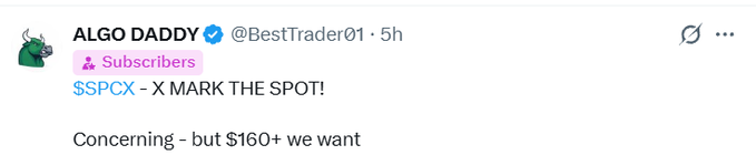 A tweet from verified account ALGO DADDY @BestTrader01 discussing $SPCX stock, mentioning they want it at $160+.