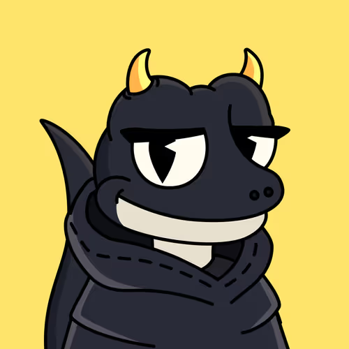 An illustration shows a black cartoon dragon-like creature with orange horns wearing a hoodie against a yellow background.