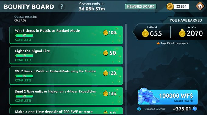 The image shows a scoreboard or progress bar displaying the progress of a game, likely a video game like Fortnite. The scoreboard has various sections for different aspects of gameplay such as "Wins", "Losses", "Ties", "Newbies", and "Season ends". It also includes information about the player's achievements, such as "Win 2 lines in public or ranked mode", "Complete", "Lights the signal fire", and "Win 2 times in a row using the ti-less fire". The scoreboard is set against a dark blue background with white text.