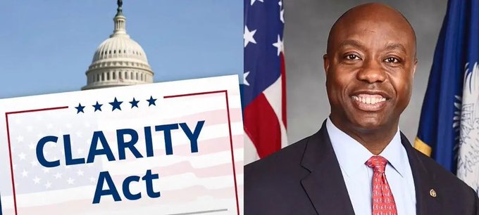 A political graphic featuring the U.S. Capitol dome, the U.S. flag, and a portrait of Senator Tim Scott alongside the text 'CLARITY Act' on a patriotic banner.
