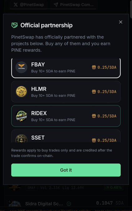A screenshot of a PinetSwap 'Official partnership' announcement listing projects FBAY, HLMR, RIDEX, and SSET, each offering 0.25/SDA rewards for buying 10+ SDA.
